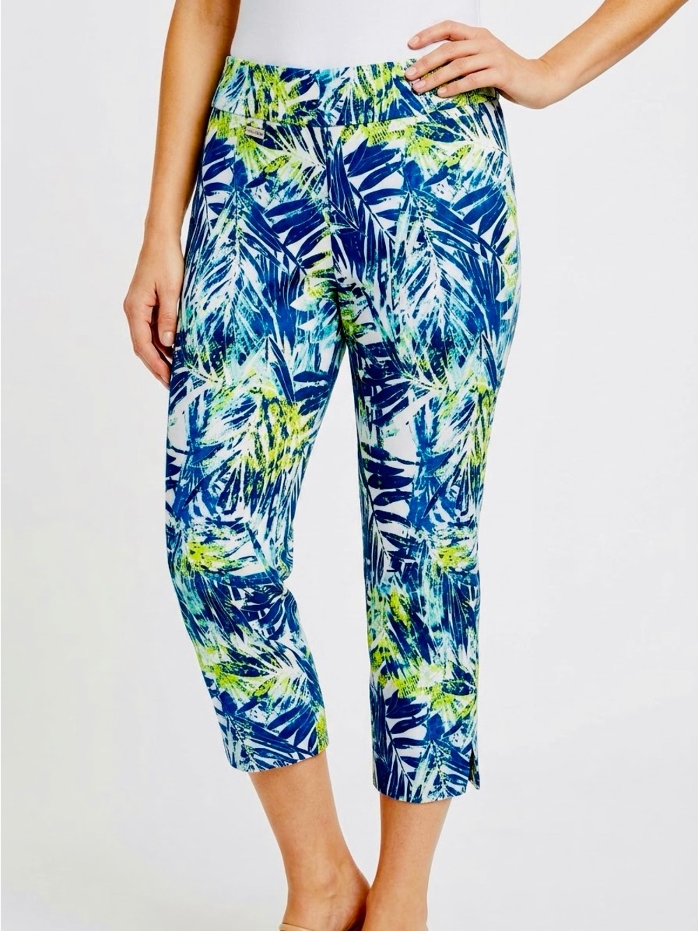 PECK & PECK Stretchy Blue White Green Tropical Pull-On Ankle Ponte Pants — #LHP